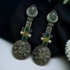 Lightweight oxidised silver plated flower dangler earrings with pearl and stone work.