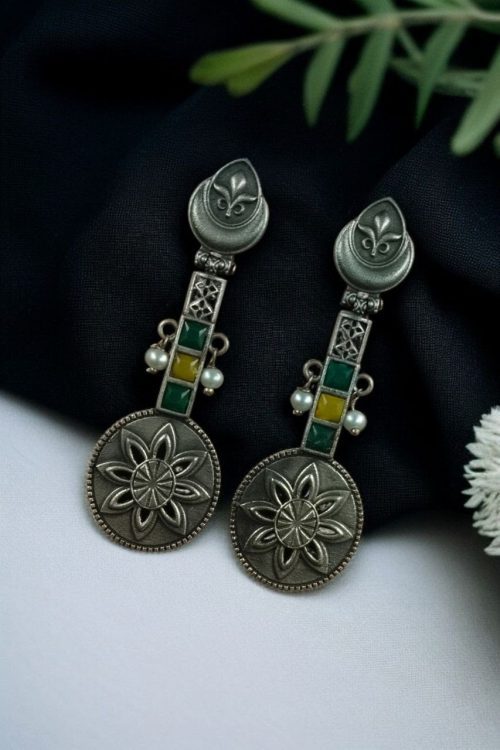 Lightweight oxidised silver plated flower dangler earrings with pearl and stone work.