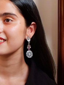 Lightweight oxidised silver plated flower dangler earrings with pearl and stone work.