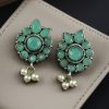 Silver plated oxidised flower stud earrings with pearl and stone work