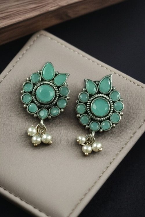 Silver plated oxidised flower stud earrings with pearl and stone work