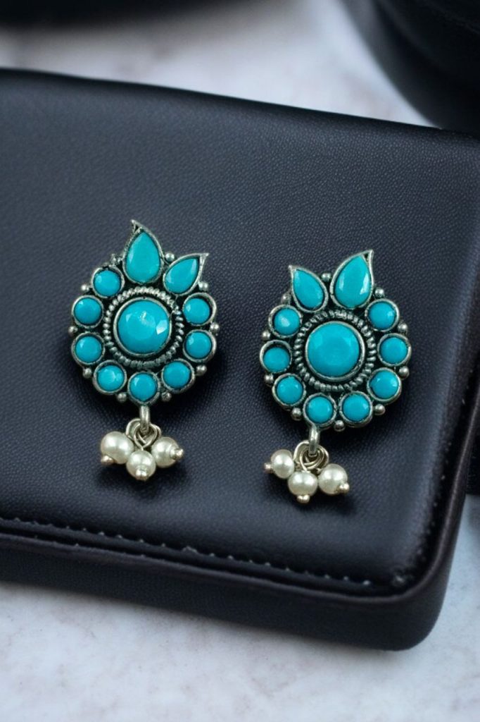 Bulk 732 Daily Wear Oxidised Stud Earrings – Silver Plated Best Flower Design Stone & Pearl Work - "Aqua"