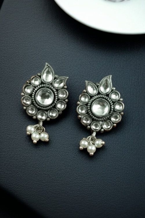 Silver plated oxidised flower stud earrings with pearl and stone work