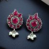 Silver plated oxidised flower stud earrings with pearl and stone work