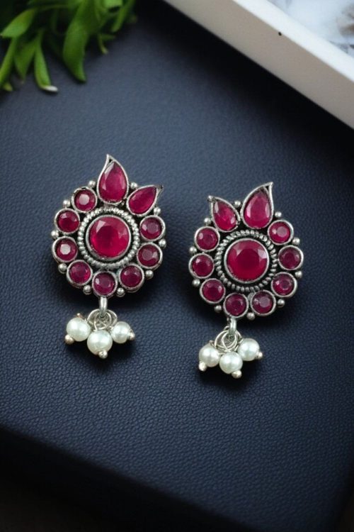 Silver plated oxidised flower stud earrings with pearl and stone work
