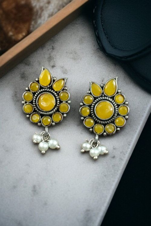 Silver plated oxidised flower stud earrings with pearl and stone work