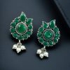 Silver plated oxidised flower stud earrings with pearl and stone work