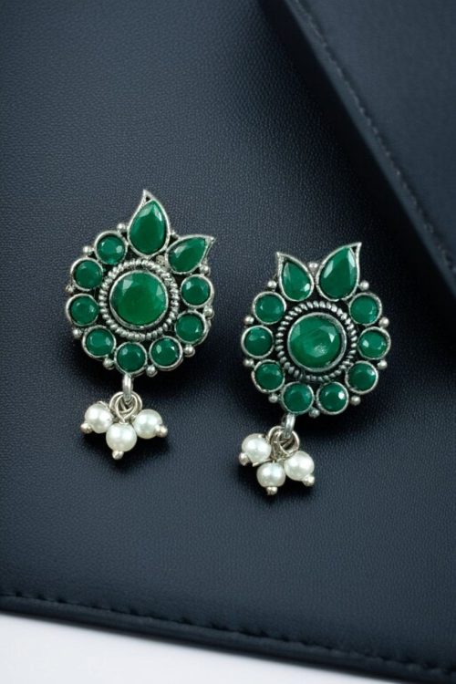Silver plated oxidised flower stud earrings with pearl and stone work