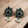 Silver plated oxidised flower stud earrings with pearl and stone work