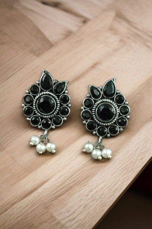 Silver plated oxidised flower stud earrings with pearl and stone work