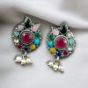Silver plated oxidised flower stud earrings with pearl and stone work