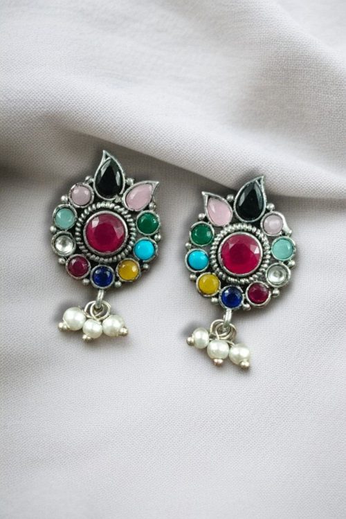 Silver plated oxidised flower stud earrings with pearl and stone work