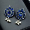 Silver plated oxidised flower stud earrings with pearl and stone work