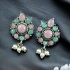 Silver plated oxidised flower stud earrings with pearl and stone work