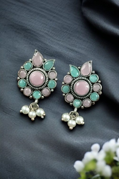 Silver plated oxidised flower stud earrings with pearl and stone work