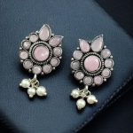 Daily Wear Oxidised Stud Earrings – Silver Plated Best Flower Design Stone & Pearl Work
