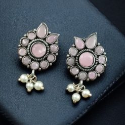 Silver plated oxidised stud earrings with pearl and stone work