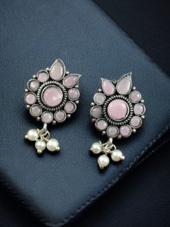 Silver plated oxidised stud earrings with pearl and stone work