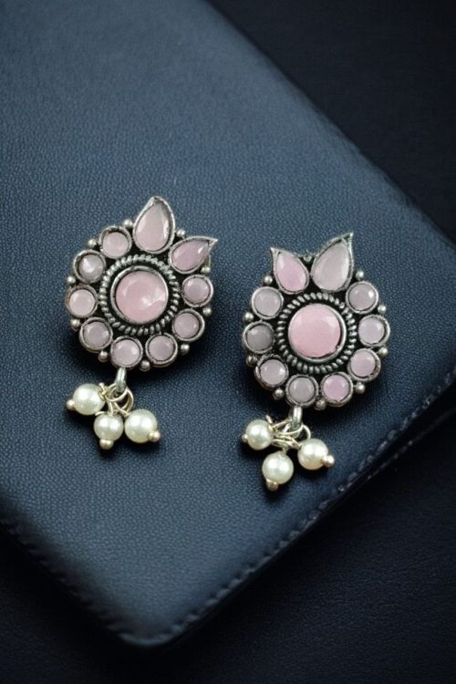 Silver plated oxidised stud earrings with pearl and stone work