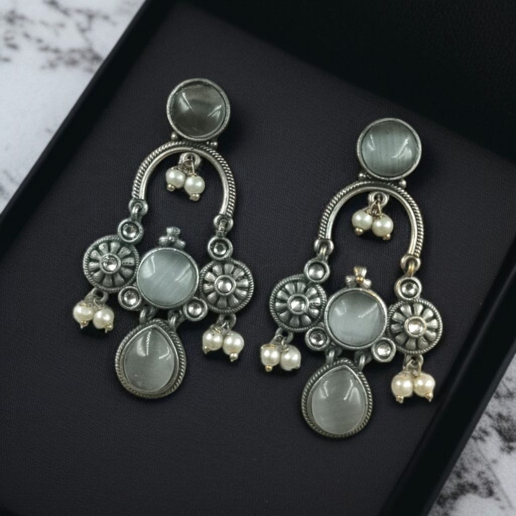 Bulk 728 Elegant Monalisa Stone Dangler Earrings with Pearl – Silver Plated Designer Jewelry Gift For Girls - "Grey"