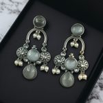 Elegant Monalisa Stone Dangler Earrings with Pearl – Silver Plated Designer Jewelry Gift For Girls - "Grey"