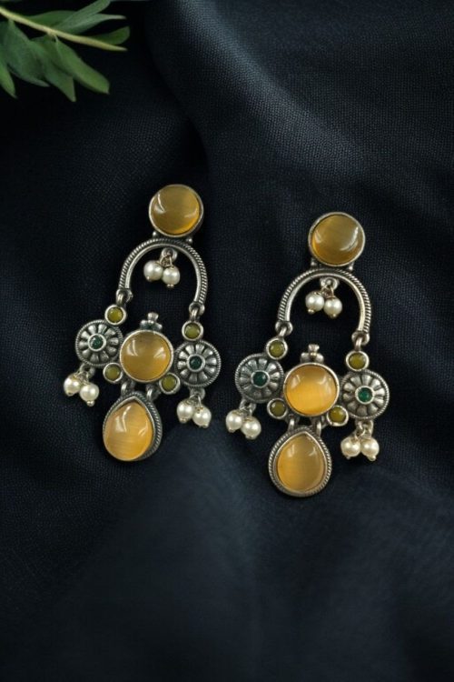 Monalisa stone dangler earrings with pearl in silver plated finish
