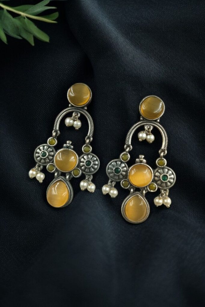 Elegant Monalisa Stone Dangler Earrings with Pearl – Silver Plated Designer Jewelry Gift For Girls