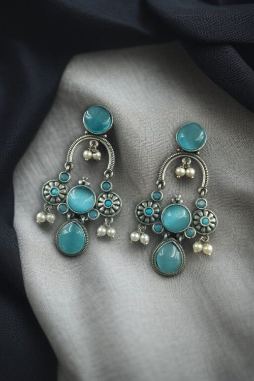 Monalisa stone dangler earrings with pearl in silver plated finish