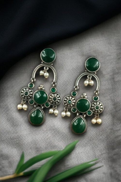 Monalisa stone dangler earrings with pearl in silver plated finish