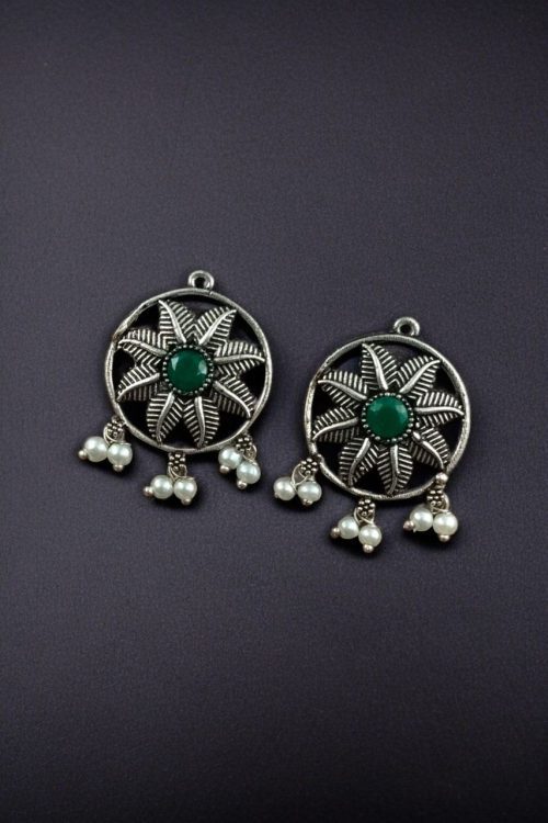 Best Oxidised Leaf Stud Earrings with Pearl & Stone – Silver Plated Jewelry for Women - Image 2