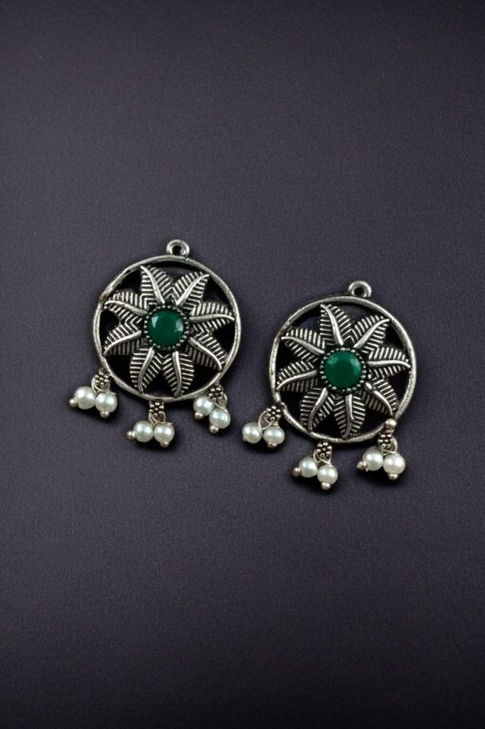 Bulk 724 Best Oxidised Leaf Stud Earrings with Pearl & Stone – Silver Plated Jewelry for Women - "Green"