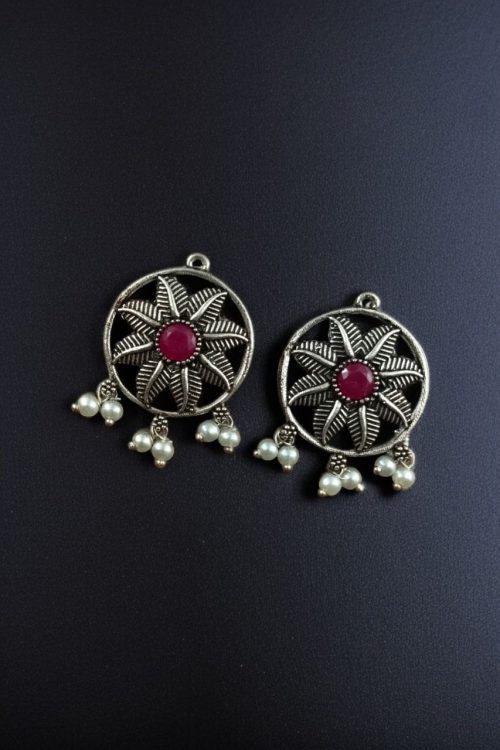 Best Oxidised Leaf Stud Earrings with Pearl & Stone – Silver Plated Jewelry for Women - Image 4