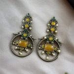Silver Look alike Beautiful Bird Design Earrings Stone & Pearl Work – Elegant Oxidized Ethnic Jewelry - "Yellow-Green