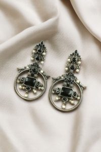 Silver Look alike Beautiful Bird Design Earrings Stone & Pearl Work – Elegant Oxidized Ethnic Jewelry - color: "Black"