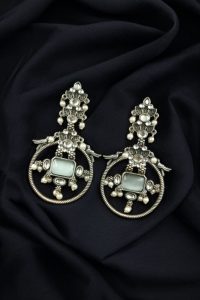 Silver Look alike Beautiful Bird Design Earrings Stone & Pearl Work – Elegant Oxidized Ethnic Jewelry - color: "Grey"