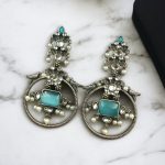 Silver Look alike Beautiful Bird Design Earrings Stone & Pearl Work – Elegant Oxidized Ethnic Jewelry - "Aqua"