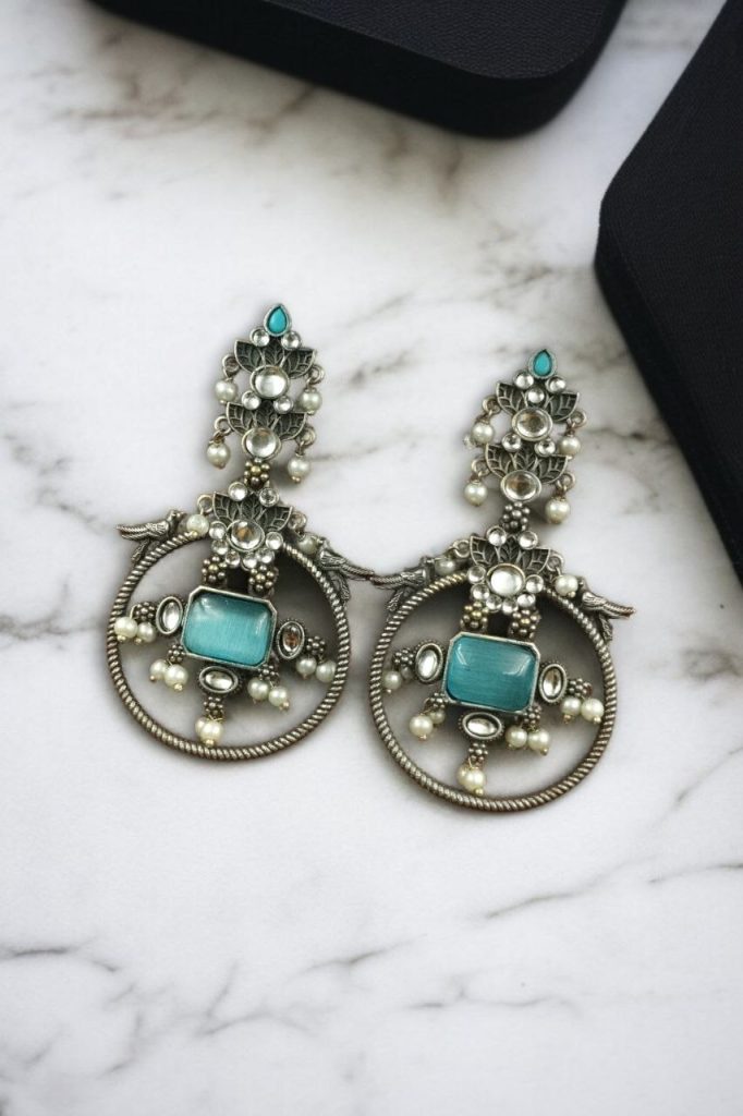 Bulk 708 Silver Look alike Beautiful Bird Design Earrings Stone & Pearl Work – Elegant Oxidized Ethnic Jewelry - "Aqua"