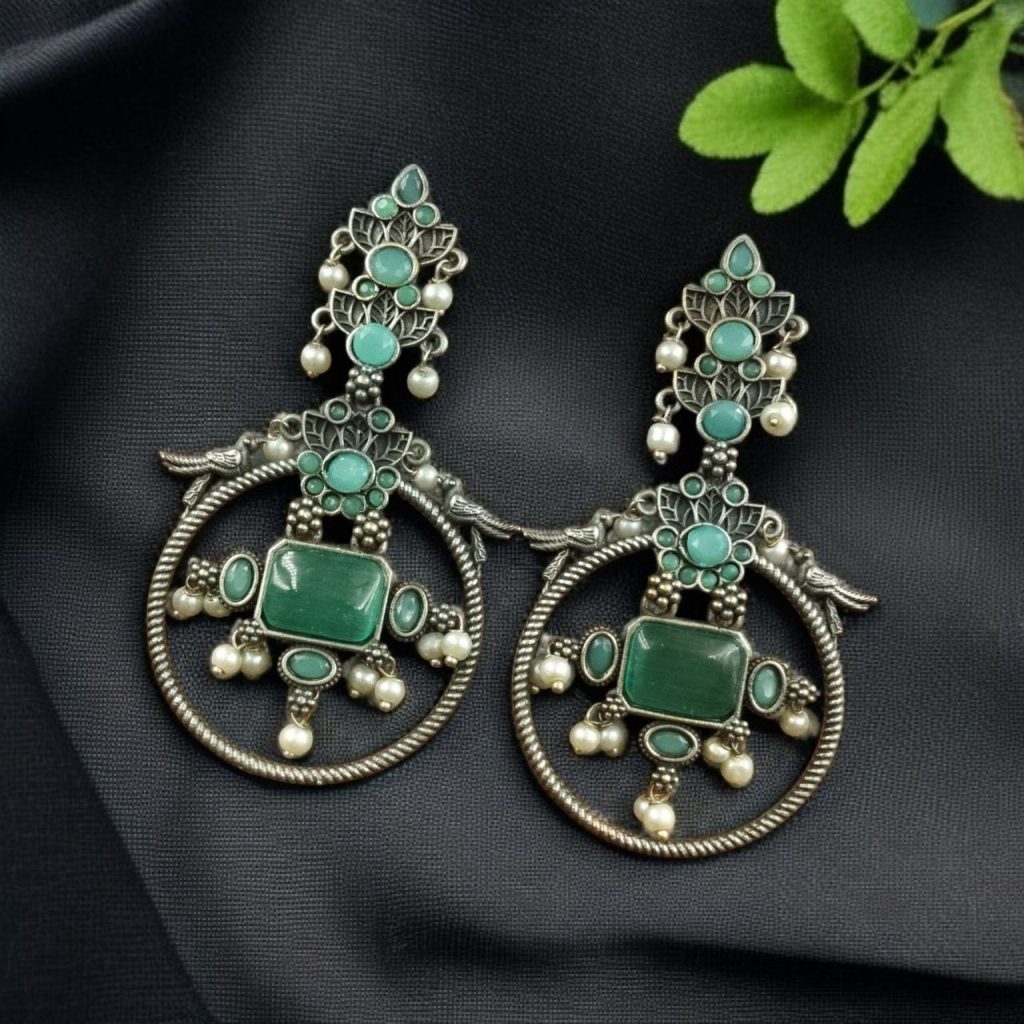 Bulk 706 Silver Look alike Beautiful Bird Design Earrings Stone & Pearl Work – Elegant Oxidized Ethnic Jewelry - "Mint"