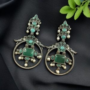 Silver Look alike Beautiful Bird Design Earrings Stone & Pearl Work – Elegant Oxidized Ethnic Jewelry - color: "Mint"