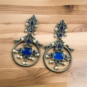 Silver Look alike Beautiful Bird Design Earrings Stone & Pearl Work – Elegant Oxidized Ethnic Jewelry - color: "Blue"