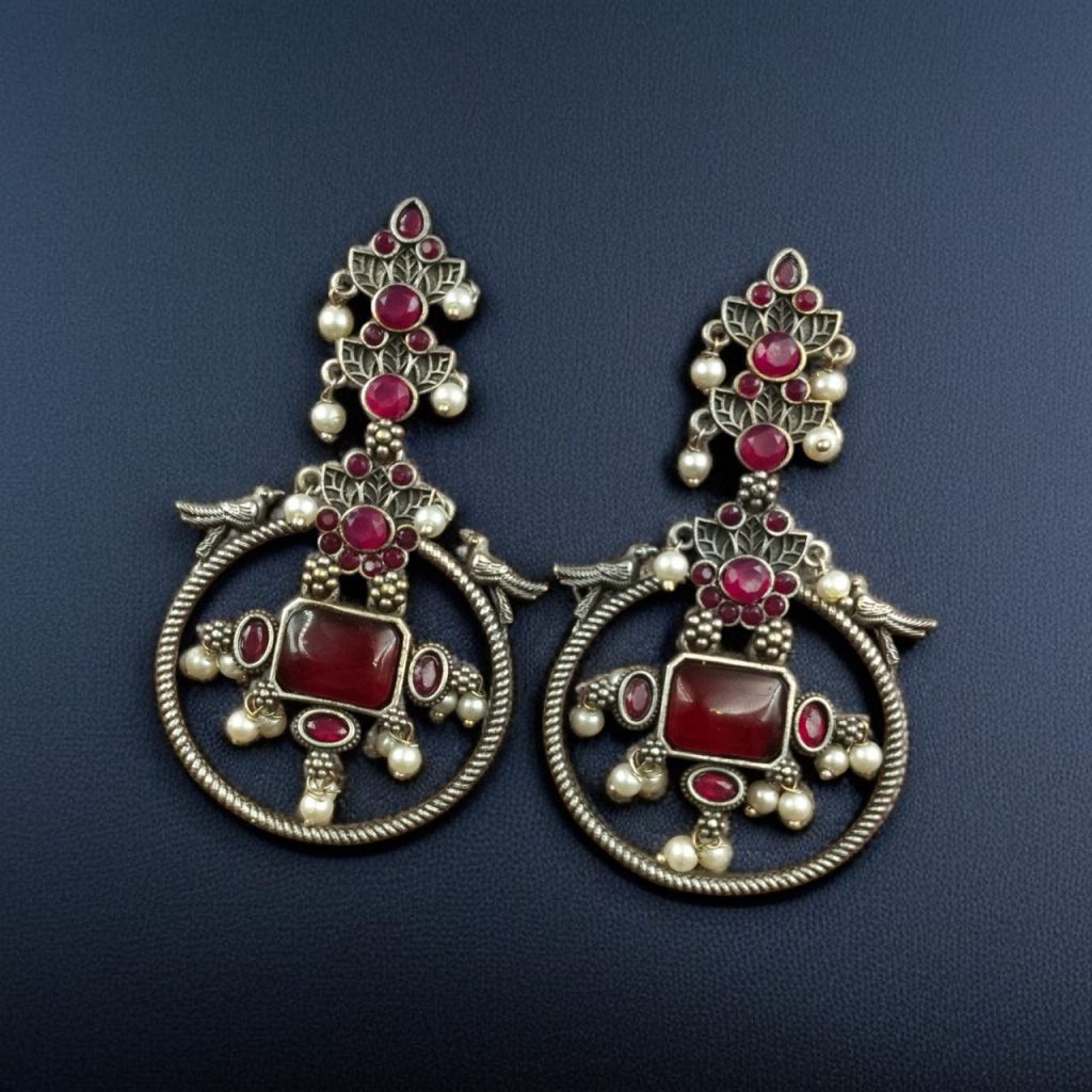 Bulk 712 Silver Look alike Beautiful Bird Design Earrings Stone & Pearl Work – Elegant Oxidized Ethnic Jewelry - "Red"