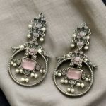 Silver Look alike Beautiful Bird Design Earrings Stone & Pearl Work – Elegant Oxidized Ethnic Jewelry - "Baby Pink"
