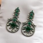 Silver Look alike Beautiful Bird Design Earrings Stone & Pearl Work – Elegant Oxidized Ethnic Jewelry - "Green"