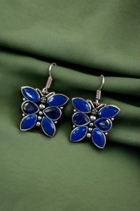 Oxidized Daily Wear Butterfly Hook Earrings | Stone Work Silver Plated Best Jewelry For Girls - color: "Blue"
