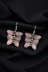 Oxidized Daily Wear Butterfly Hook Earrings | Stone Work Silver Plated Best Jewelry For Girls - color: "Baby Pink"