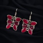 Oxidized Daily Wear Butterfly Hook Earrings | Stone Work Silver Plated Best Jewelry For Girls - "Red"