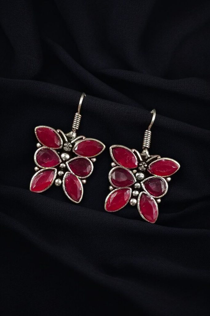 Bulk 694 Oxidized Daily Wear Butterfly Hook Earrings | Stone Work Silver Plated Best Jewelry For Girls - "Red"
