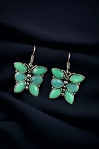 Oxidized Daily Wear Butterfly Hook Earrings | Stone Work Silver Plated Best Jewelry For Girls - color: "Mint"