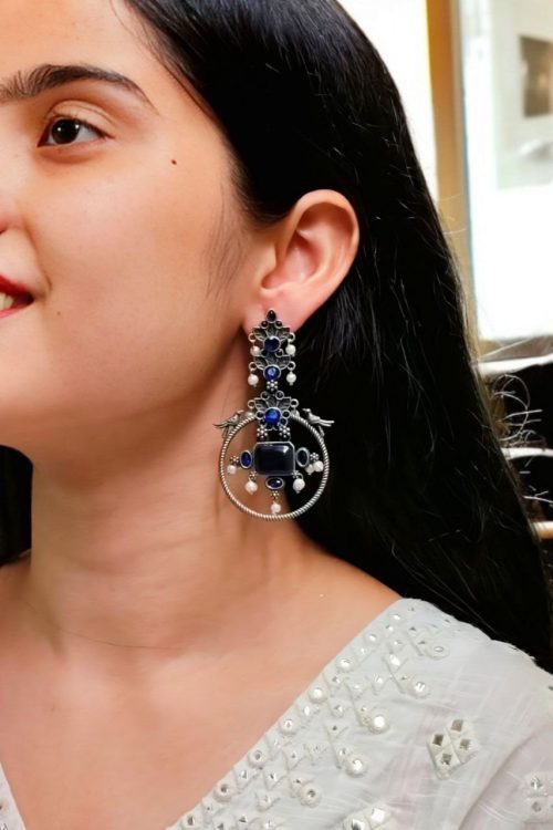 Silver Look alike Beautiful Bird Design Earrings Stone & Pearl Work – Elegant Oxidized Ethnic Jewelry