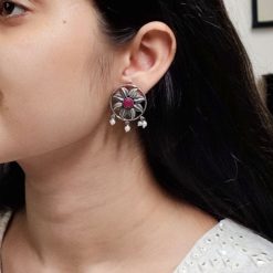 Best Oxidised Leaf Stud Earrings with Pearl & Stone – Silver Plated Jewelry for Women